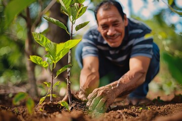 A middle-aged man in a striped shirt energetically plants a young sapling in a sunlit, lush green environment, symbolizing active participation in nature's conservation and personal fulfillment.