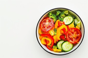 Simple summer food - tomatoes, cucumbers, onions, lettuce in a plate on a table with a tablecloth. Vegetarian food.. Beautiful simple AI generated image in 4K, unique.