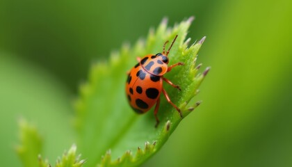 Fototapeta premium Natures vibrant beauty A ladybug on a leafy green stage
