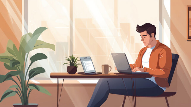 Freelance man working on laptop at home office.  remote work concept. Vector style illustration
