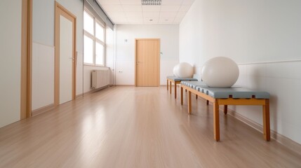 Bright and airy rehabilitation training room with modern minimalist design featuring wooden benches and equipment for functional exercises and practical applications in physical therapy ergotherapy