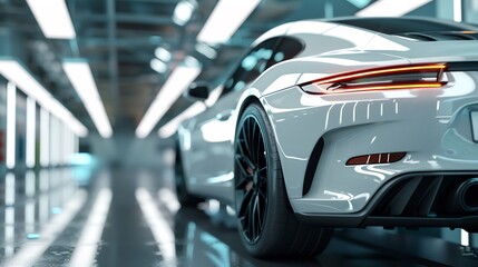 Obraz premium Rear view of futuristic white sports car in studio lights