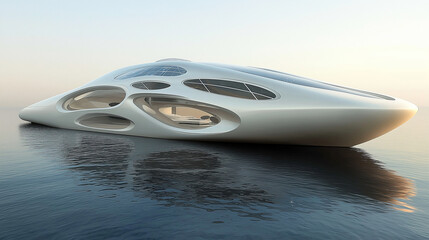 Futuristic white yacht with large windows floating on calm water. ..