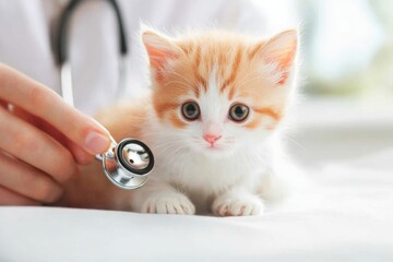 A caring veterinarian is diligently examining a cute and adorable kitten using a stethoscope, ensuring its health and wellbeing with great attention and affection from their expert skills