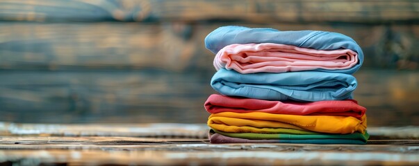 Stack of Colorful Folded Fabric on a Wooden Surface