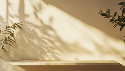 Close-Up of Empty Wooden Shelf Against Beige Wall with Soft Shadows and Natural Light