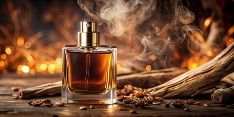 Close-up shot of a bottle of smoky oud wood fragrance with a luxurious and sensual vibe , smoky, oud, wood, fragrance, perfume