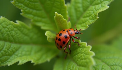 Fototapeta premium Vibrant Ladybug on a Leafy Green Stage