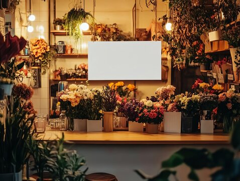 A cozy flower shop with a small white blank mockup banner above the counter, creating a warm and inviting space