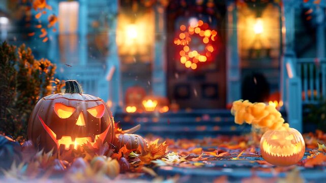 House decorated with halloween harvest festival attributes with autumn leaves