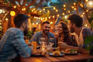 Group of friends enjoy having dinner at outdoors restaurant. Meeting, party, celebrate concept