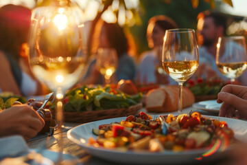 Family having lunch together. Group of friends enjoying dinner at backyard. Party, celebrate concept