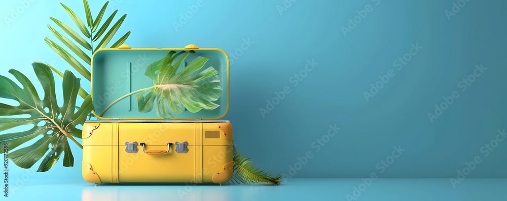 Wall mural yellow suitcase with tropical leaves on a blue background