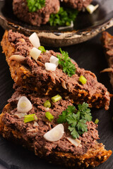 Sandwiches with homemade chicken liver pate for breakfast