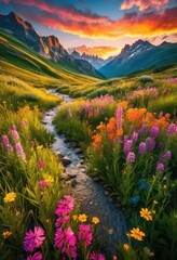 Fototapeta premium vibrant colorful landscapes highlighting adventure exploration beauty, scenery, colors, nature, mountains, valleys, forests, rivers, lakes, skies, clouds