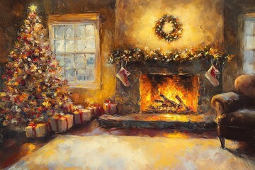 Cozy Christmas scene with fireplace and tree