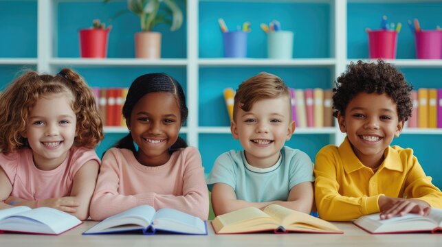 Diverse group of elementary school children engaged in an inclusive curriculum surrounded by colorful books and school supplies in a vibrant classroom environment