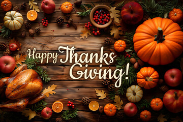 "Happy Thanks Giving" text, written on wooden table, surrounded by fall fruits, vegetables and turkey bird. Traditional design for your Thanks Giving party invitation, greeting cards, wallpapers etc.
