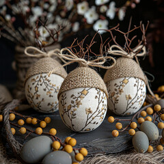Obraz premium A set of Easter egg decorations on a black background with wild berries tied to the eggs and arranged in a wreath along with gems, gems and crystals. The overall design is regal and elegant, showcasin