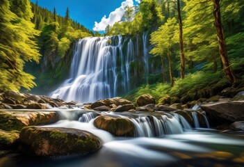 Fototapeta premium breathtaking landscapes showcasing untamed natural beauty majestic lush serene waterfalls under clear blue skies, adventure, backdrop, biome, cliff, cloud