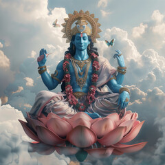 realistic photo indian god vishnu blue skin with muscular body sit on lotus, Fly on the sky around cloud