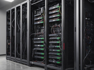 A row of computer servers with green cords