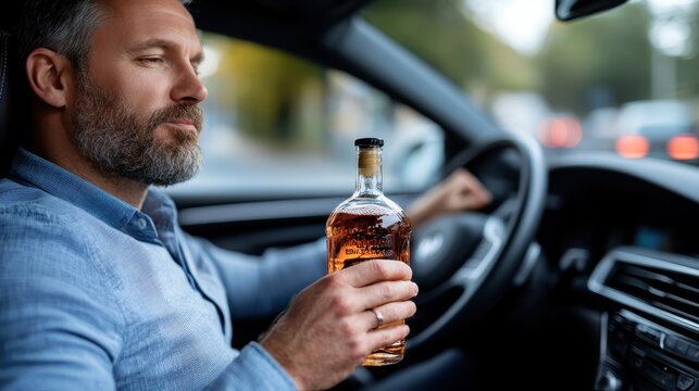 A man is seen holding a bottle of alcohol while driving a car, indicating reckless and dangerous behavior. This image underscores the serious issue of drunk driving and its potential risks.