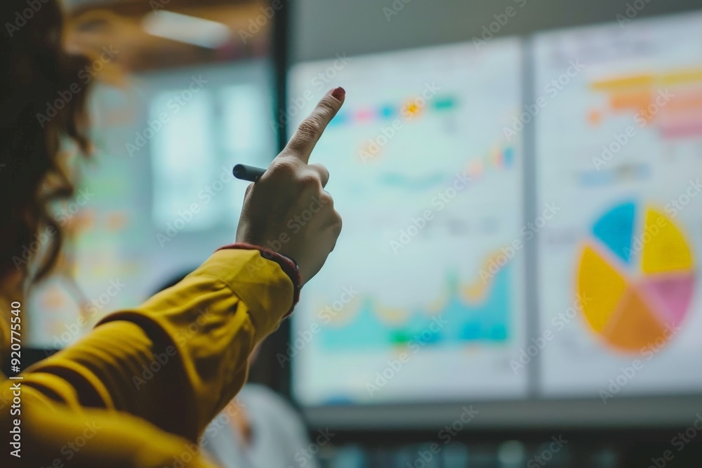 Aufkleber A person engages in a presentation by pointing at data charts displayed on a screen, suggesting the sharing of important information and analysis. Perfect for business themes.