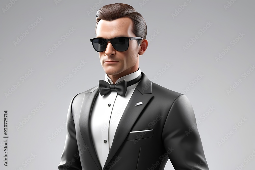 Wall mural dashing secret agent with a tuxedo and sunglasses, ready for a mission in 3d design on a white backg