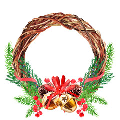 Christmas decor. Watercolor wreath, decorated with cones and gold bells