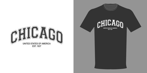 Vector illustration. T-shirt CHICAGO. CLASSIC PRINT UNITED STATES OF AMERICA. Fashionable t-shirt design in minimalist style. Highest quality streetwear. Urban style