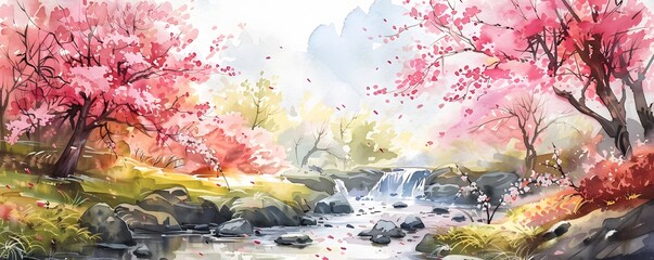 Obraz na płótnie Canvas Watercolor Painting of a Stream Flowing Through a Forest with Blooming Pink Trees