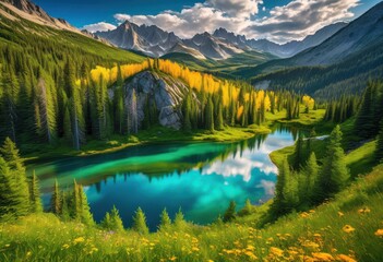 Obraz premium stunning aerial perspectives showcasing pristine natural landscapes majestic lush serene water bodies, views, nature, mountains, forests, untouched