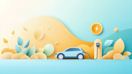 An electric car is charging by a charging pole with leaves decorated