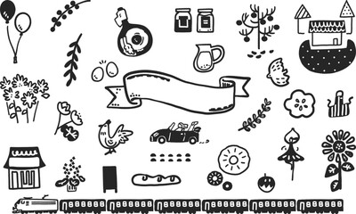 夏から秋へ移る季節のイメージ　モノクロアイコン　セットストックイラスト素材
