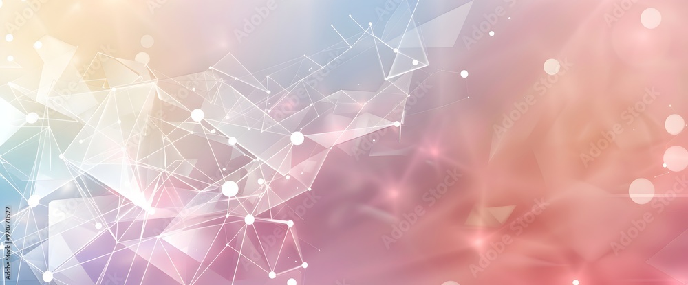 Poster abstract background with a polygonal mesh in light grey and pastel colors, white dots connected by l