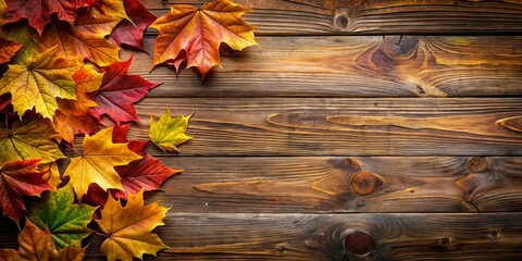 Fototapeta premium Autumn leaves on wooden background with space for text, autumn, fall, foliage, season, nature, wooden, background, copy space, maple