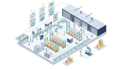 Futuristic Smart Warehouse with IoT-Integrated Conveyor Systems and Automated Packing Stations in Isometric Illustration