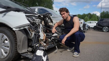 Professional mechanic male in uniform examining front of car without bumper, assessing plan for future work in automobile repair and renew service station. Concept of car service, repair, maintenance.