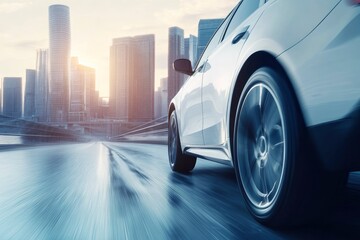 Fototapeta premium Dynamic running car on road, city background with generative ai