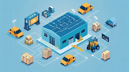 Obraz premium Modern Isometric Warehouse Management with IoT Integration for Efficient Supply Chain Optimization
