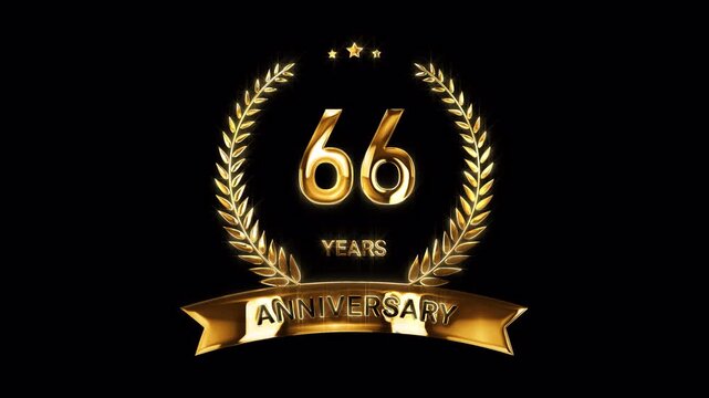 66th Anniversary Celebration. Happy 66 Years Anniversary Animation in Gold Color on the Transparent Background, Alpha Channel. Great for greetings, celebrations, events, and gifts.
