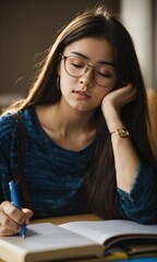 woman reading a book in the library, Capturing a Student Deep in Thought During an Exam