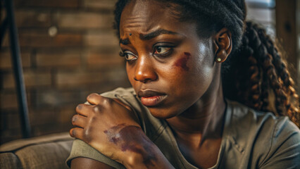 A young black woman with bruises on her arm, showing signs of physical abuse, with her head turned away in sadness. Abstract background.