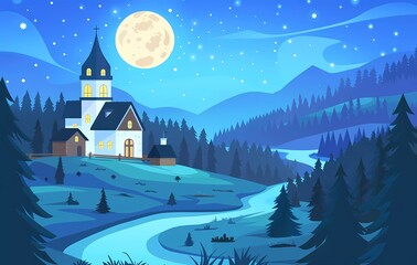 flat vector illustration of medieval village with church and pine trees in the background, river flowing through field, simple flat colors, blue sky, night time, moonlight