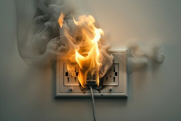 A close-up of a wall electrical outlet caught on fire with smoke billowing around it, highlighting the dangers of electrical fires and the need for safety precautions.