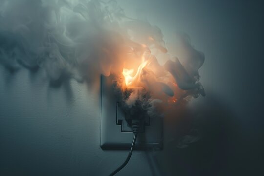 An electrical outlet shows a dangerous situation with smoke and fire emanating from it, stressing the importance of awareness and caution in handling electrical devices.
