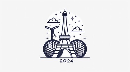 Illustration of the Eiffel Tower flanked by golf balls and a wind turbine, representing a blend of sports and clean energy for Paris 2024, a modern twist on tradition.