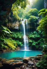 breathtaking hidden waterfall surrounded lush greenery natural beauty serene landscape, nature, scenery, view, tranquil, rock, stream, pool, foliage