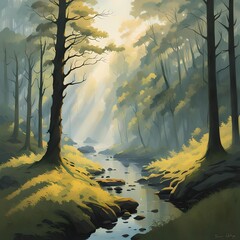 tranquil woodland river with sun rays